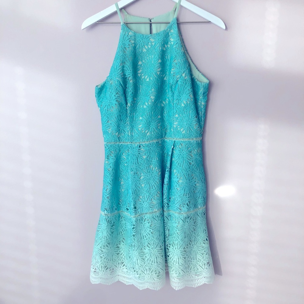 Adelyn Rae Teal Ombré Crocheted Dress